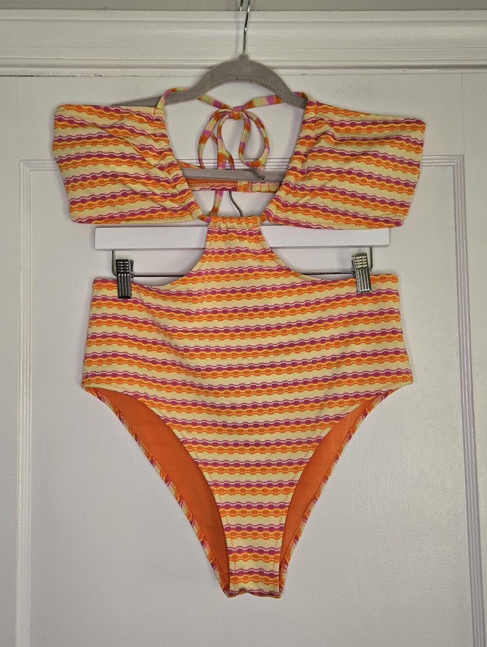 Aerie Orange Pink Yellow Wave-Print One-Piece Cheeky Swimsuit Women's Large